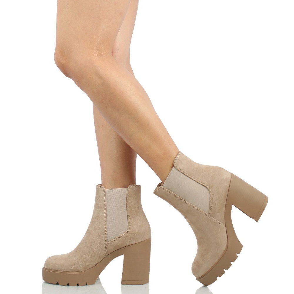 Light Wheat Faux Suede Chelsea Platform Block Heel Ankle Bootie - Picture 5 of 6
